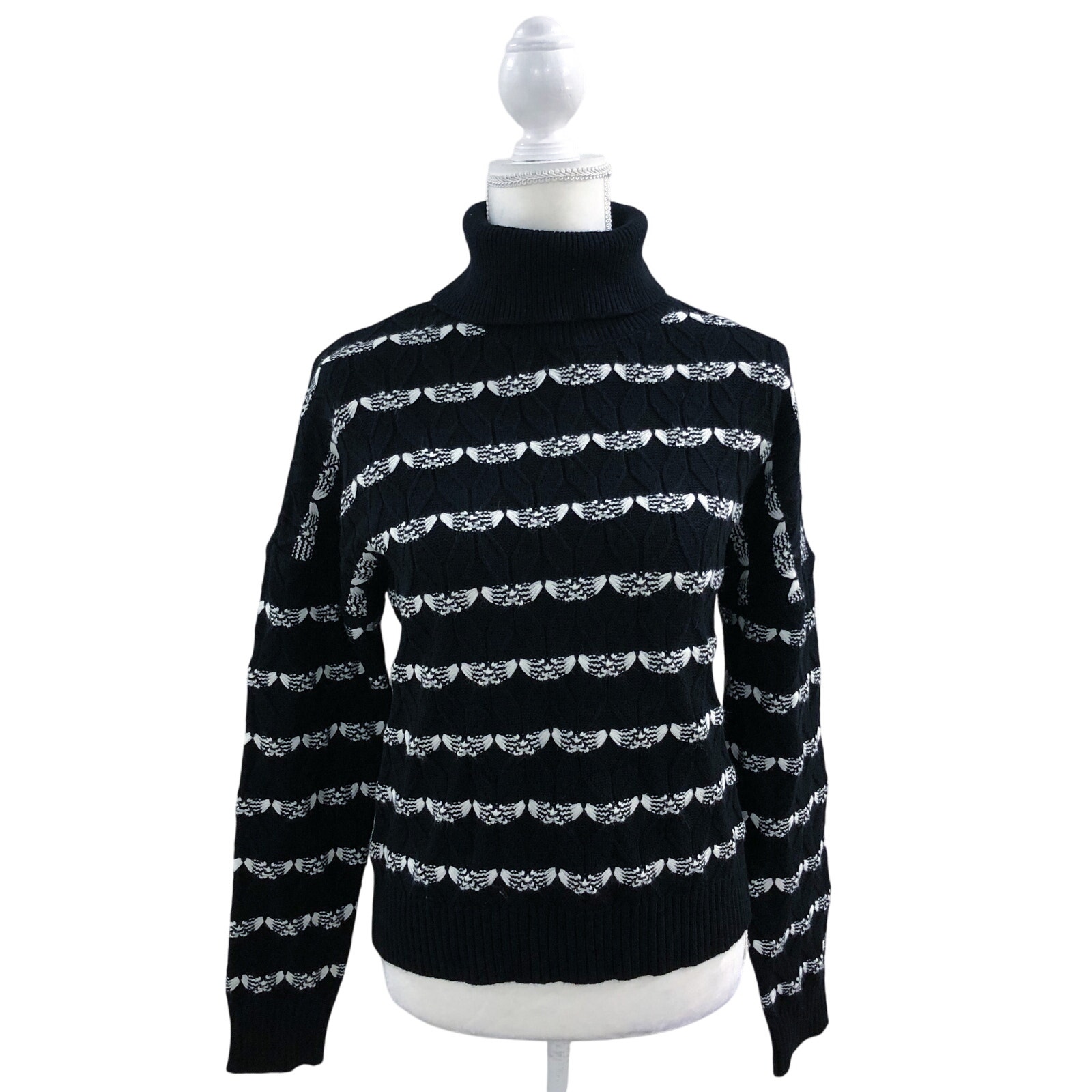 Joie Knit Black And White Scallop Striped Turtleneck Sweater